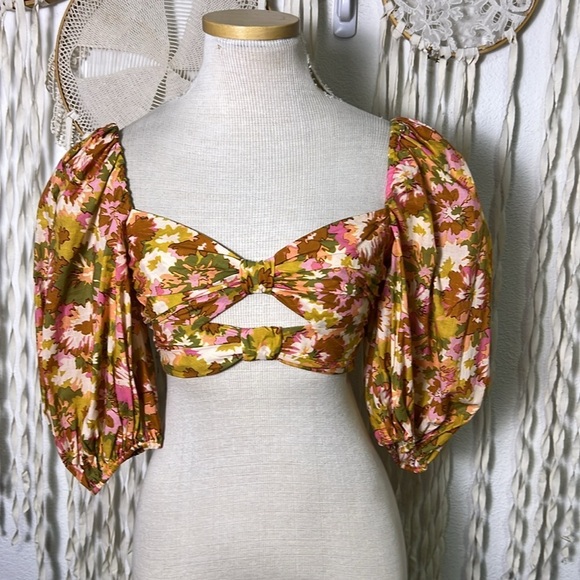 Zimmermann Cropped Cutout Floral Print Puff Sleeve Top Cotton Gauze Size 0 - Picture 2 of 16